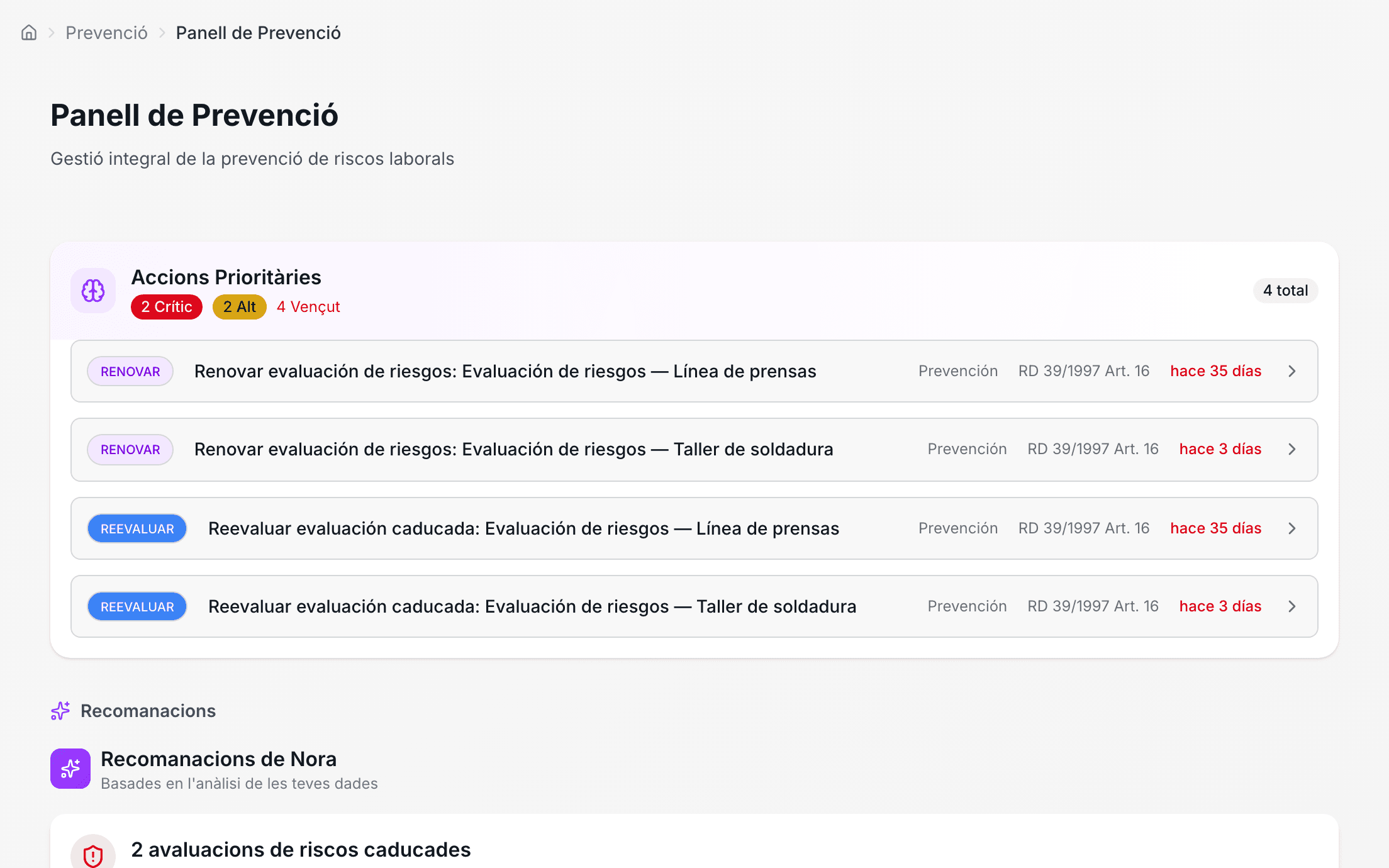 les avaluacions d'una planta metal·lúrgica, amb el seu estat i el seu nivell de risc