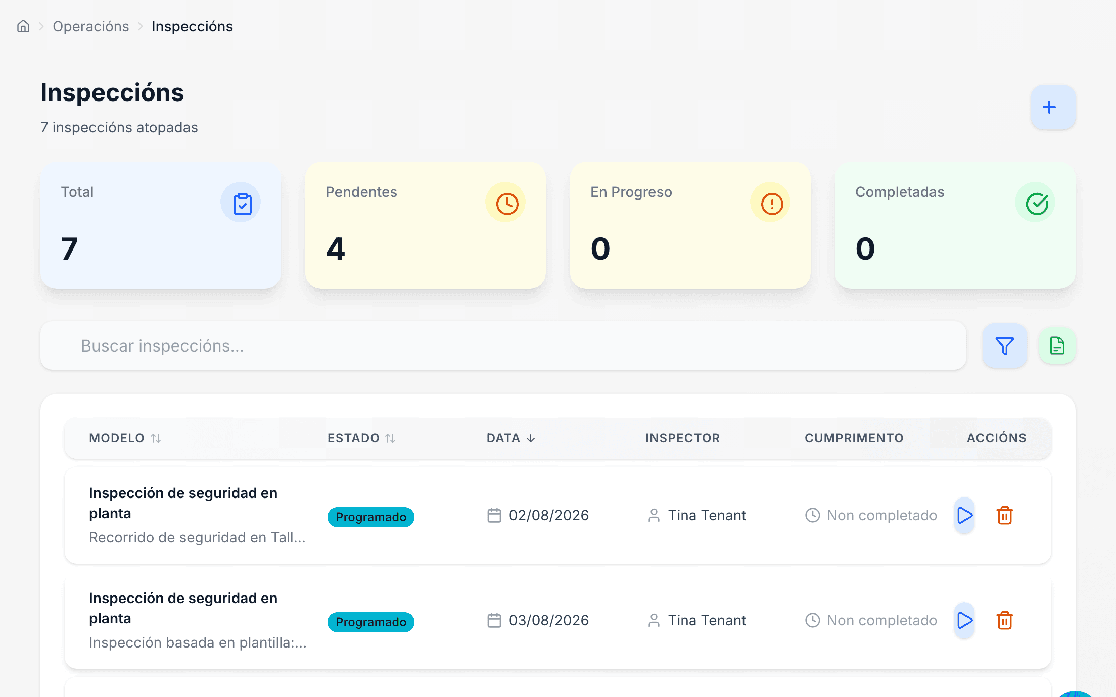 inspeccións de seguridade programadas, feitas e revisadas
