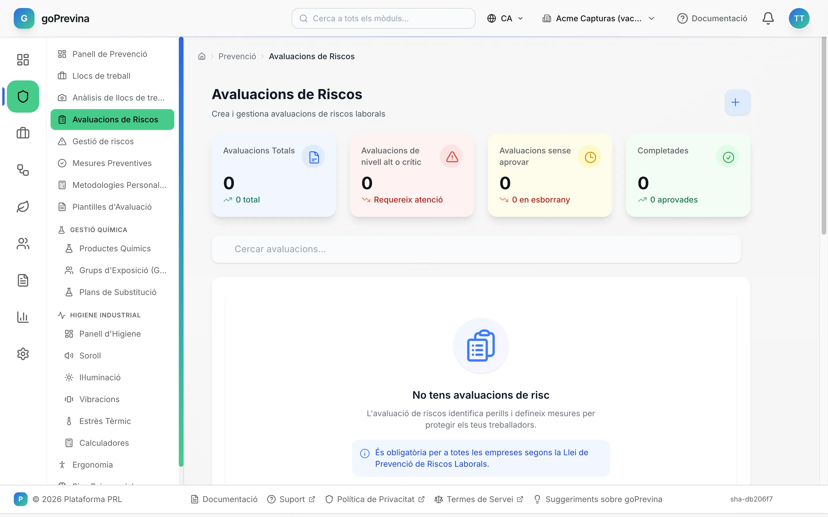 Llista d'avaluacions de riscos buida