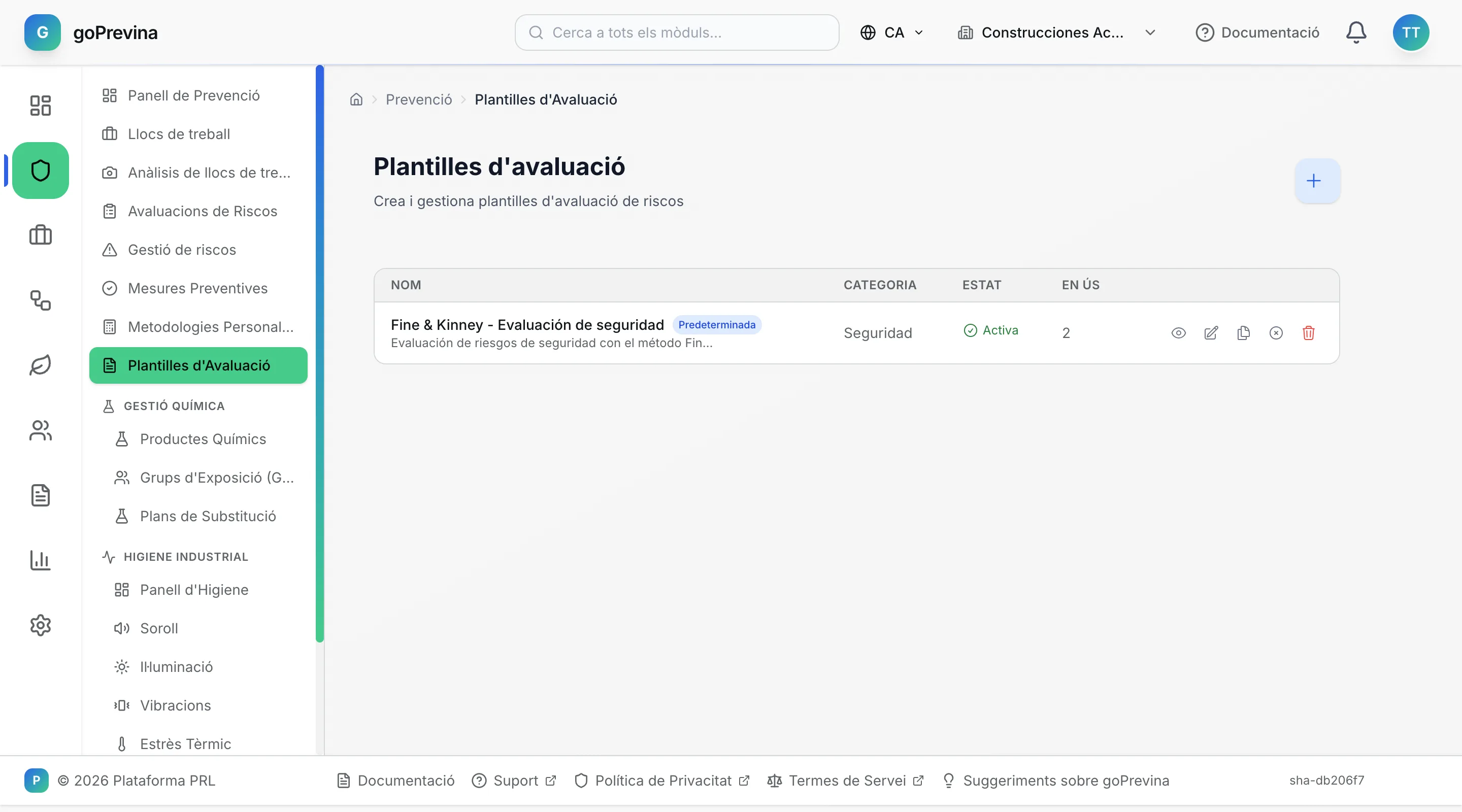 Llista de plantilles d'avaluació amb la plantilla Fine & Kinney