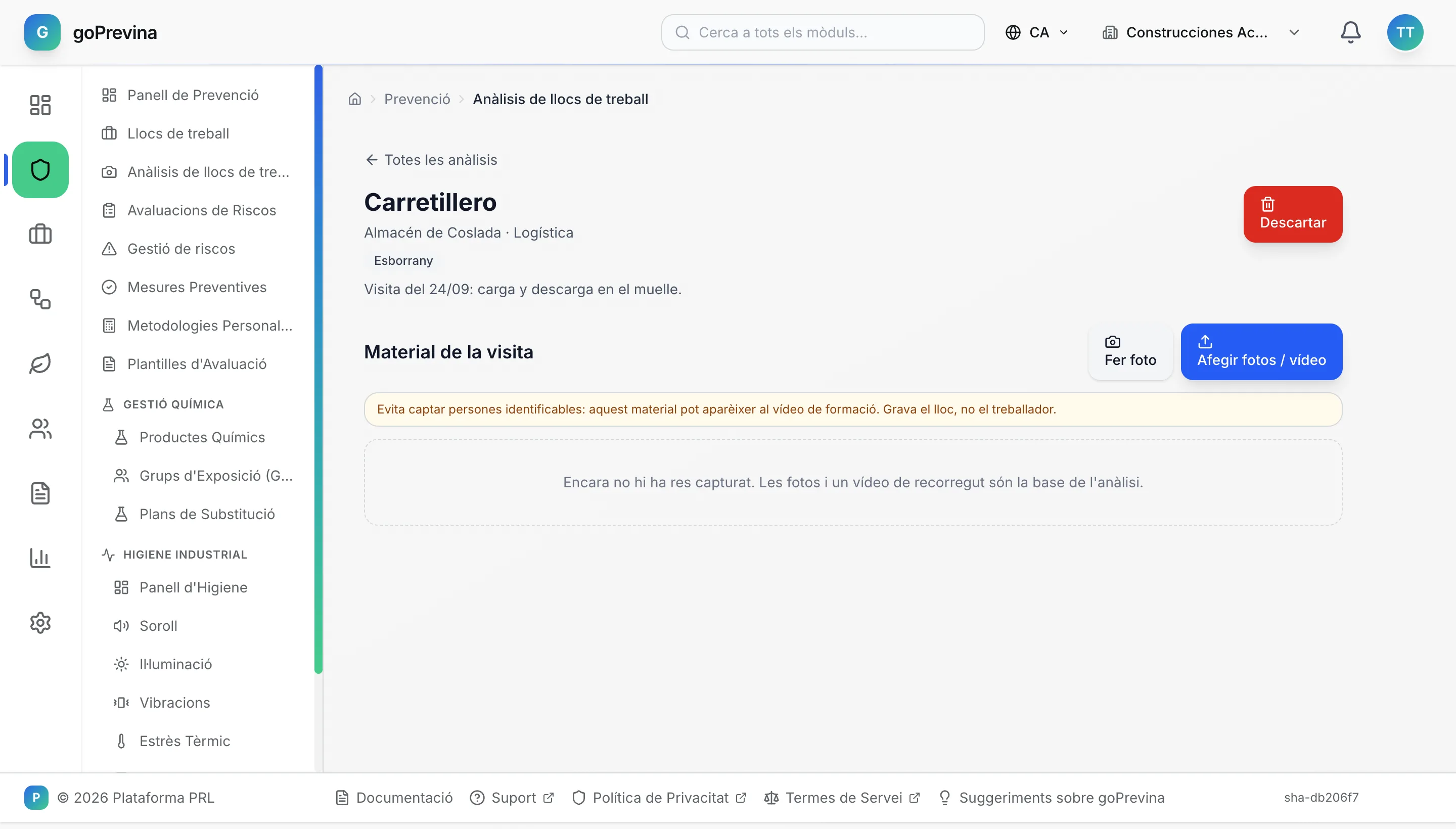 Anàlisi del lloc de carretoner, encara sense material