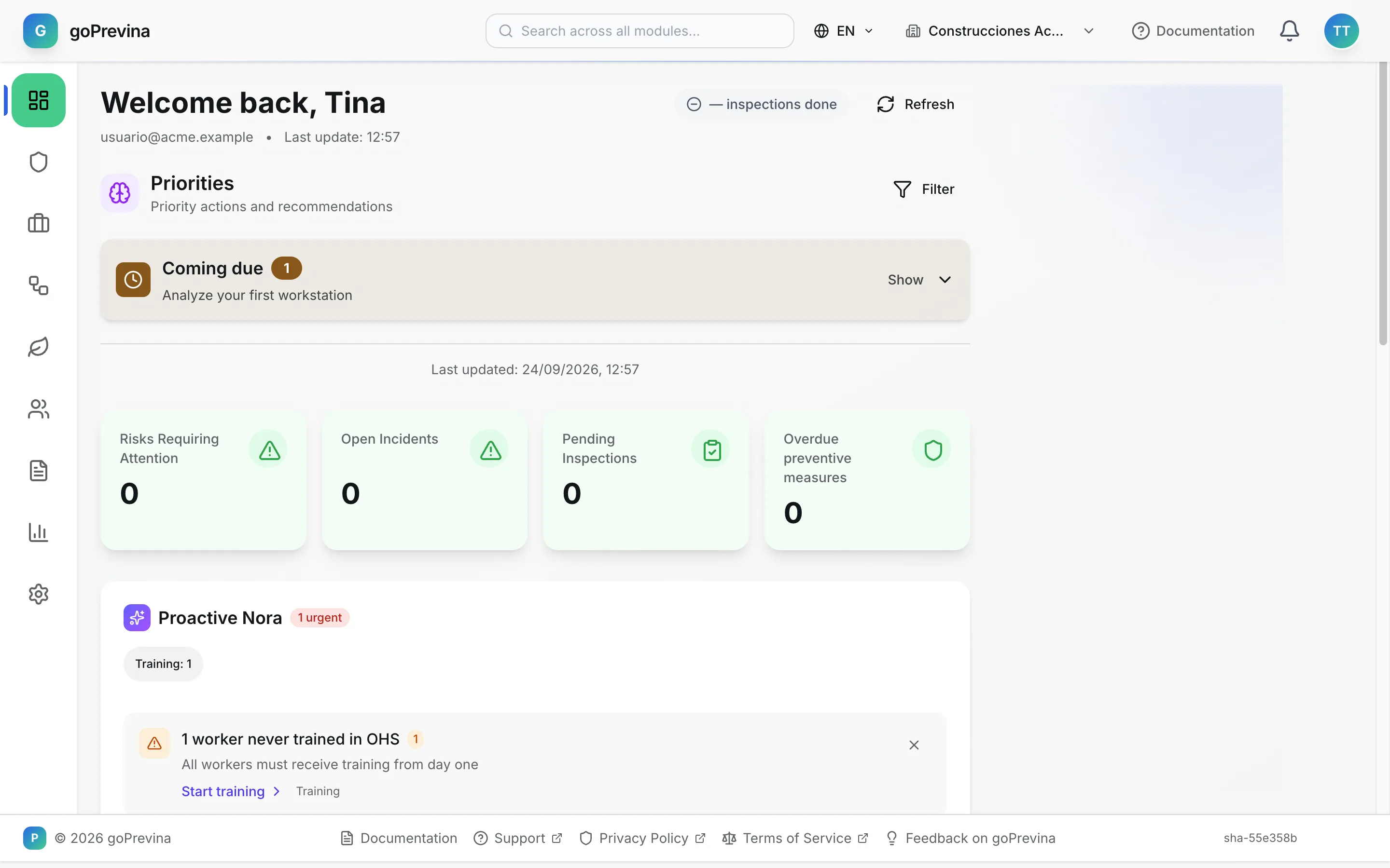 Dashboard of a newly created company
