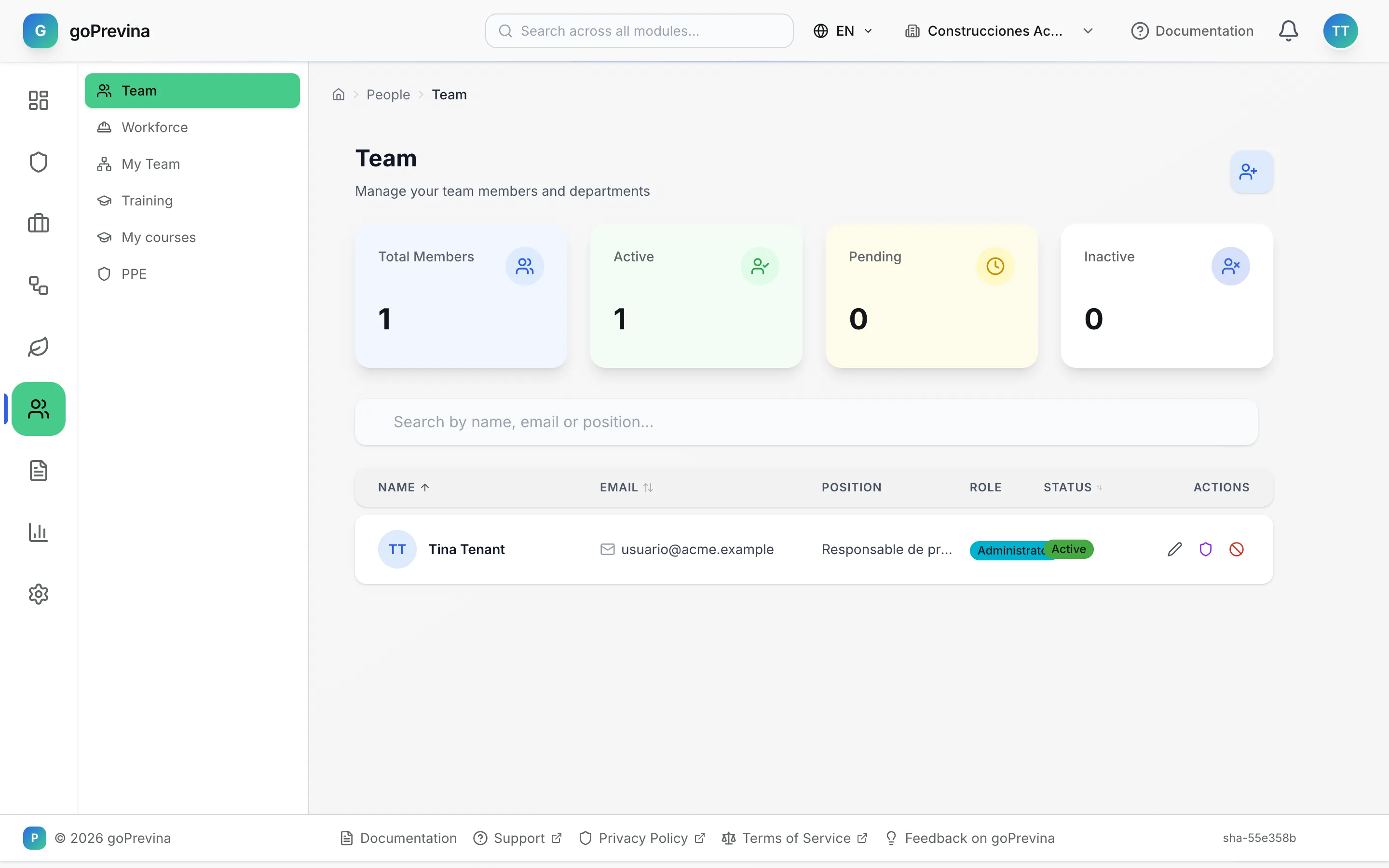 Team screen with the company administrator
