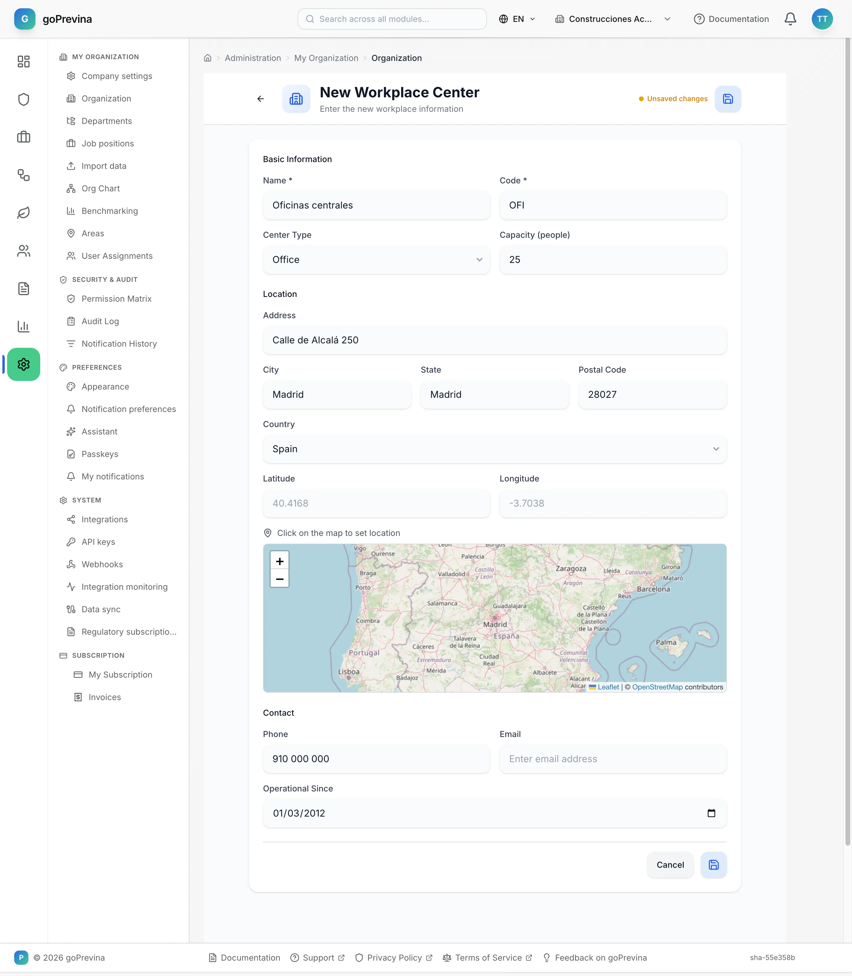 New Workplace Center form with the Oficinas centrales data