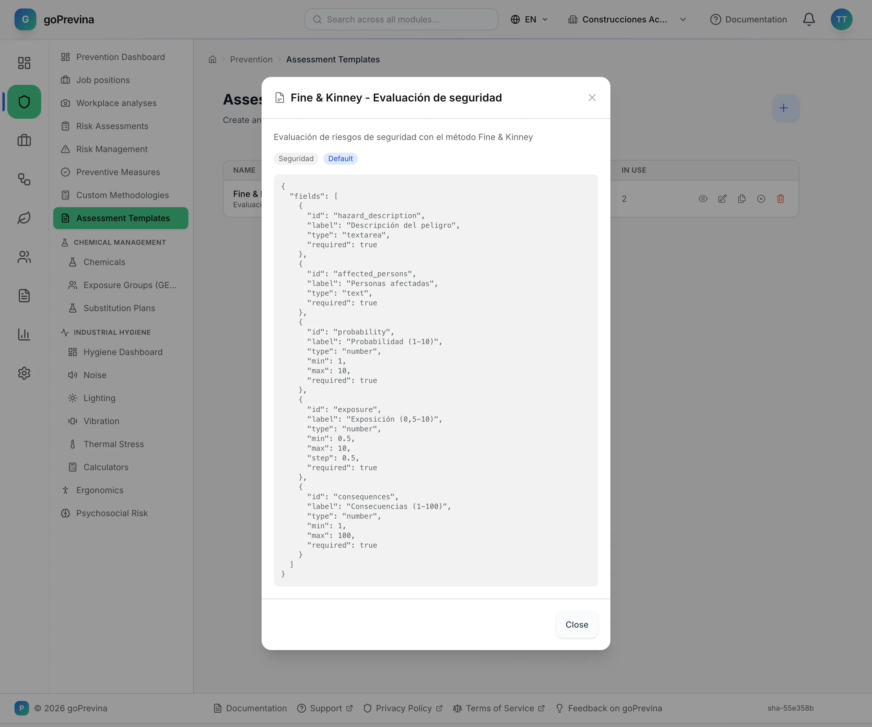 Preview of an assessment template