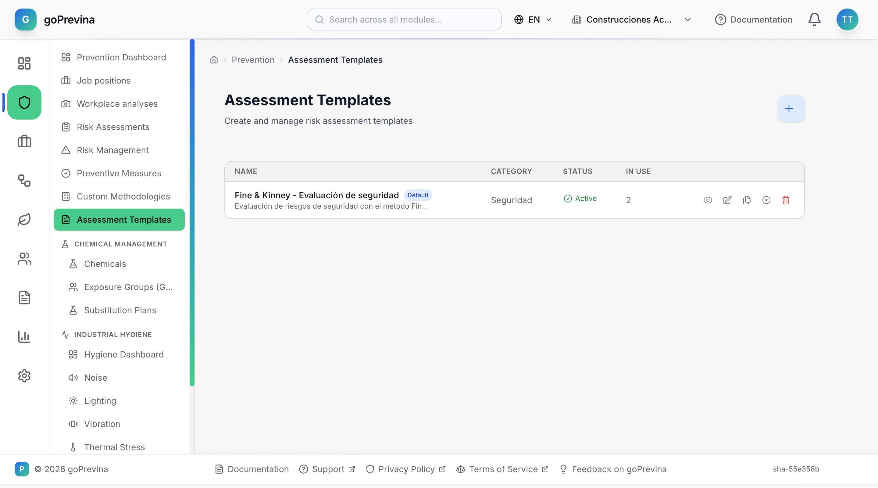 List of assessment templates with the Fine & Kinney template