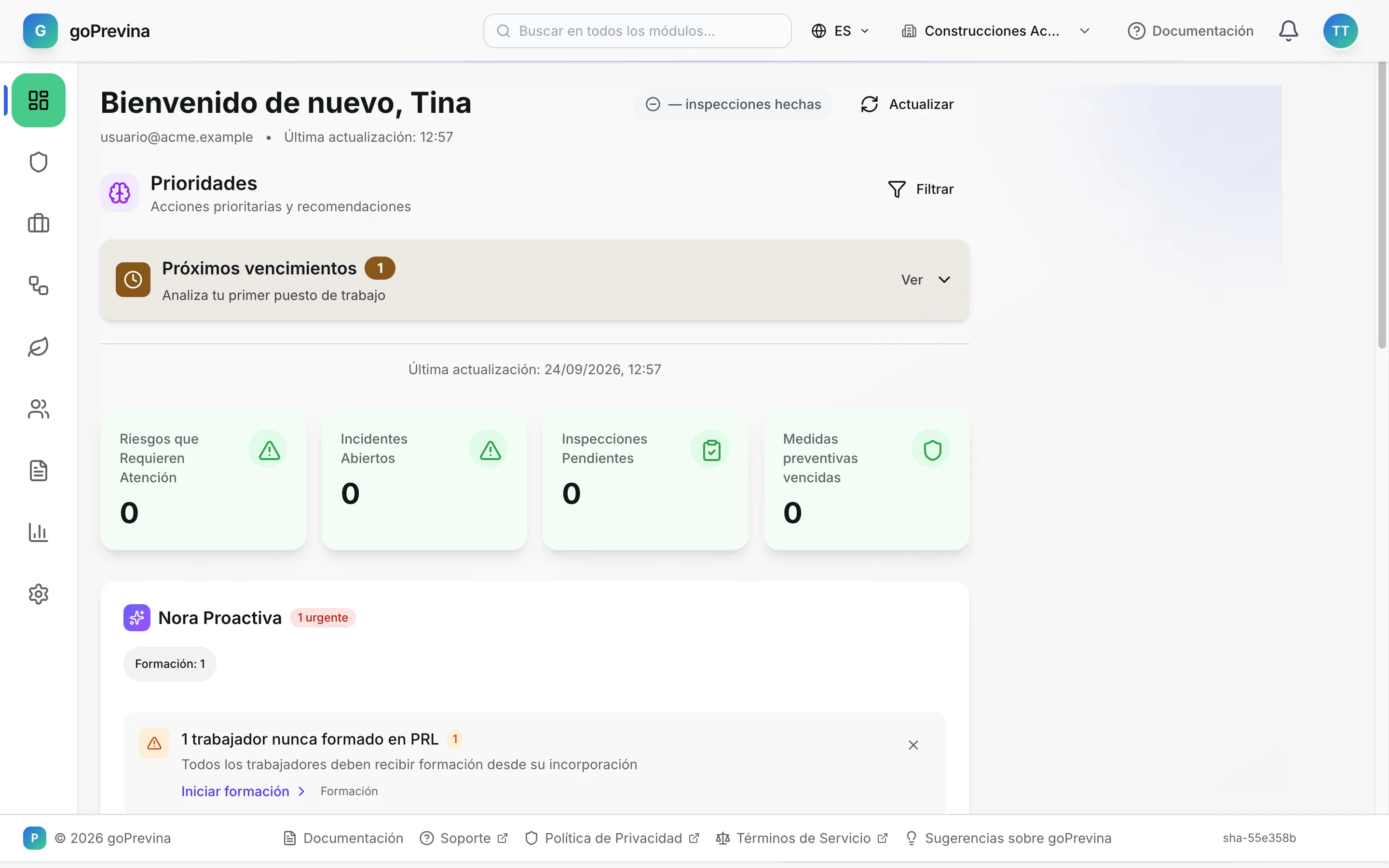 Panel de Control de una empresa recién creada