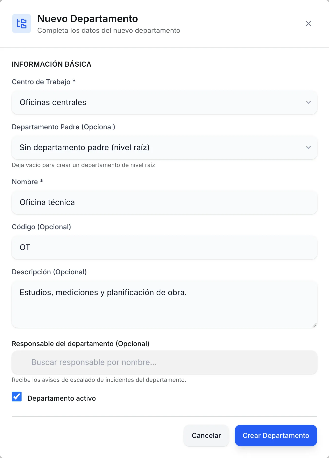Diálogo Nuevo Departamento con Oficina técnica en Oficinas centrales