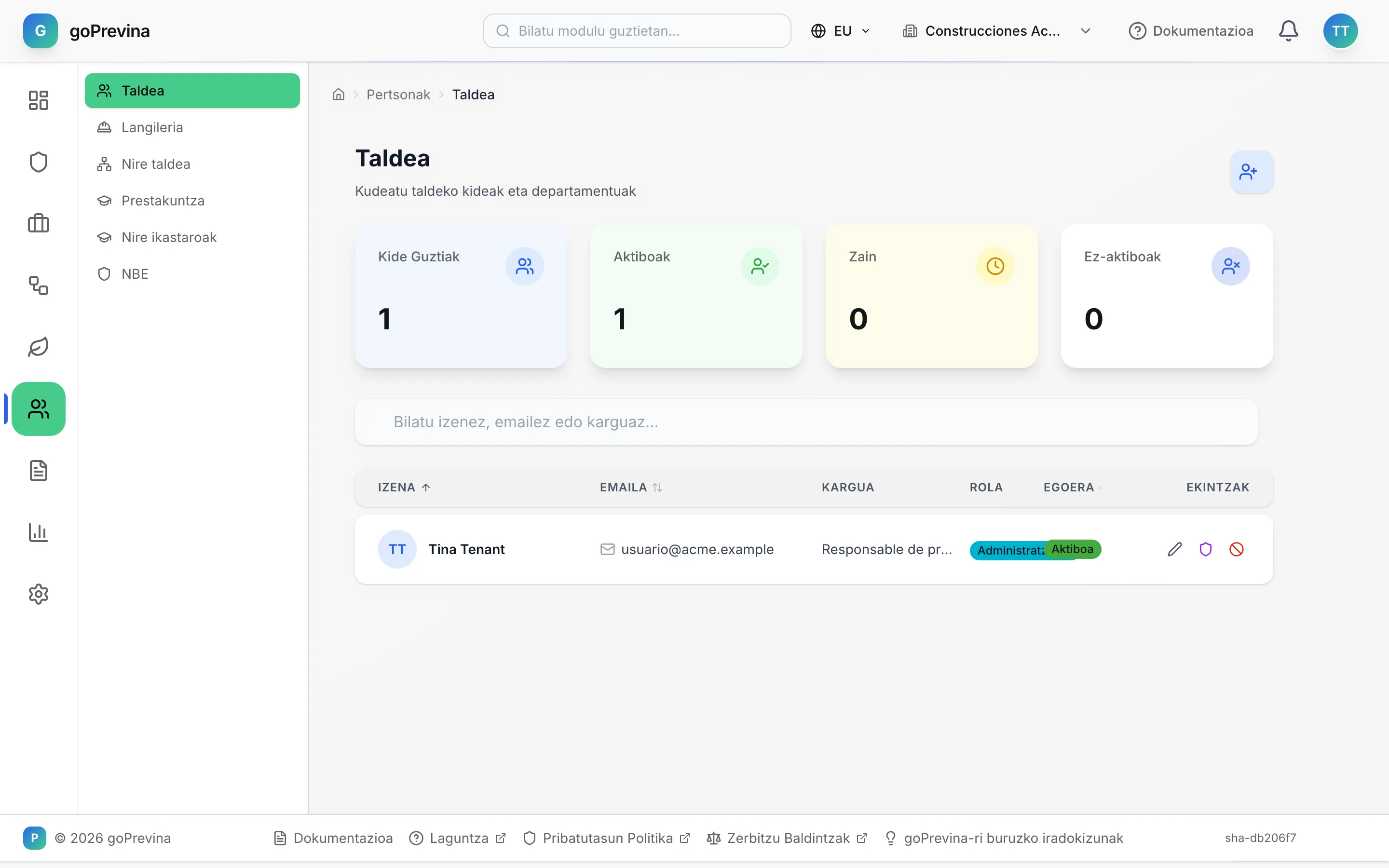 Taldea pantaila, enpresako administratzailearekin