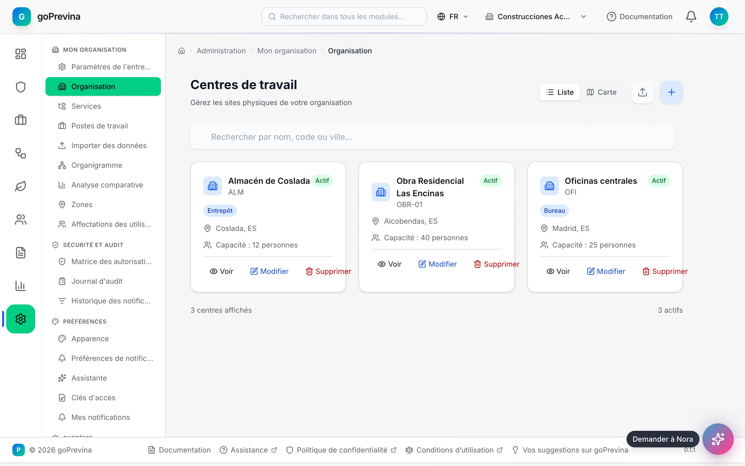 Liste des centres de travail avec les bureaux, l'entrepôt et le chantier