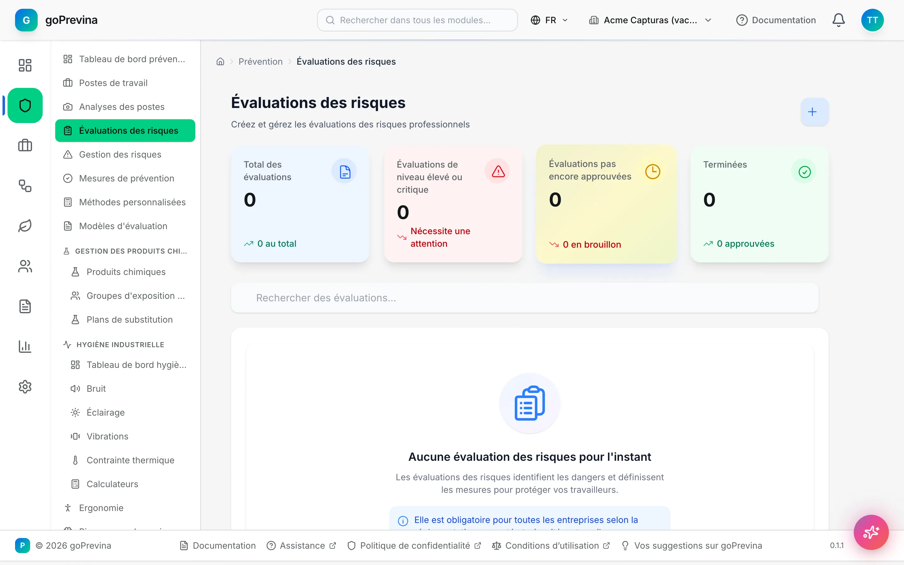 Liste vide des évaluations des risques