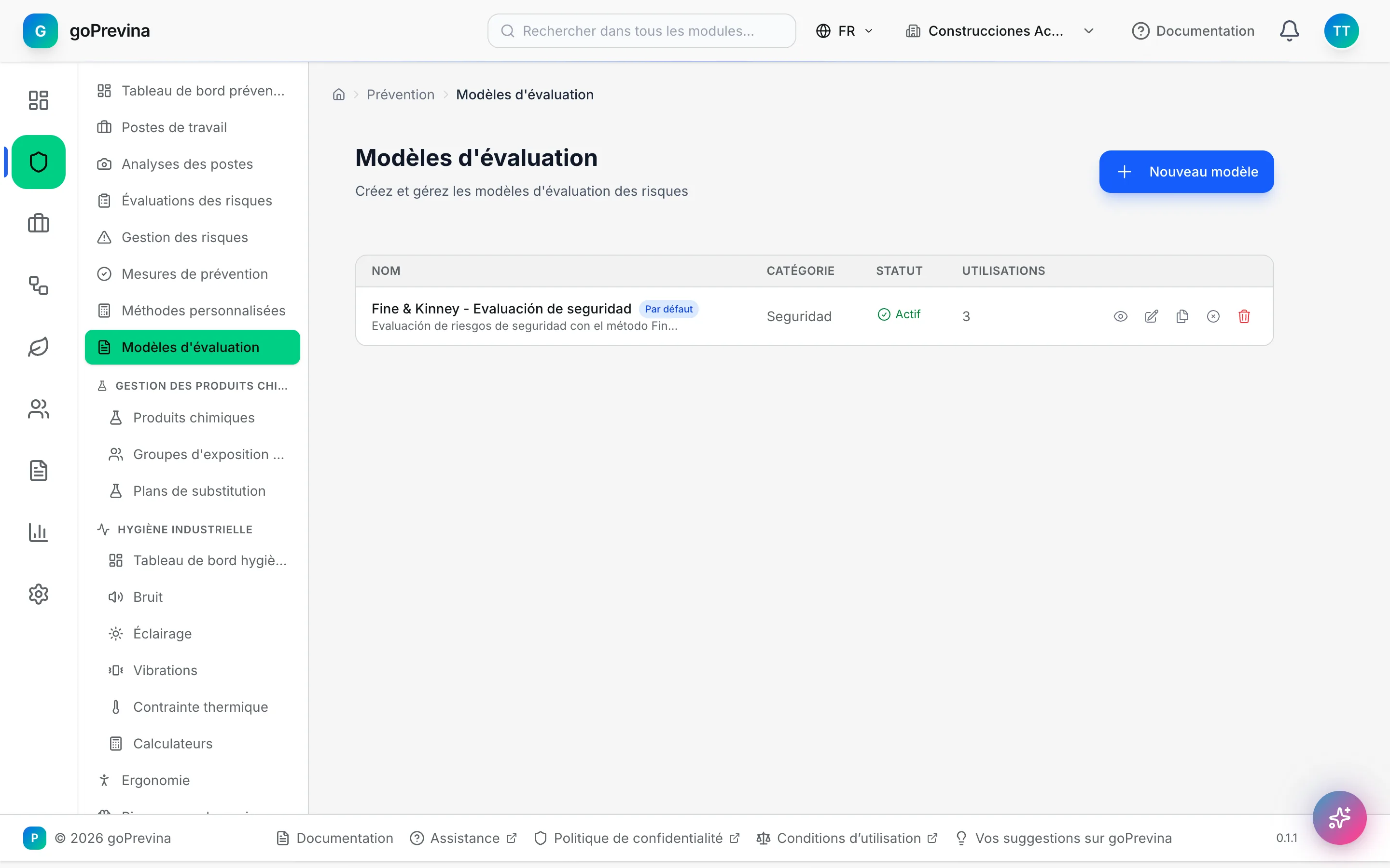 Liste des modèles d'évaluation avec le modèle Fine & Kinney