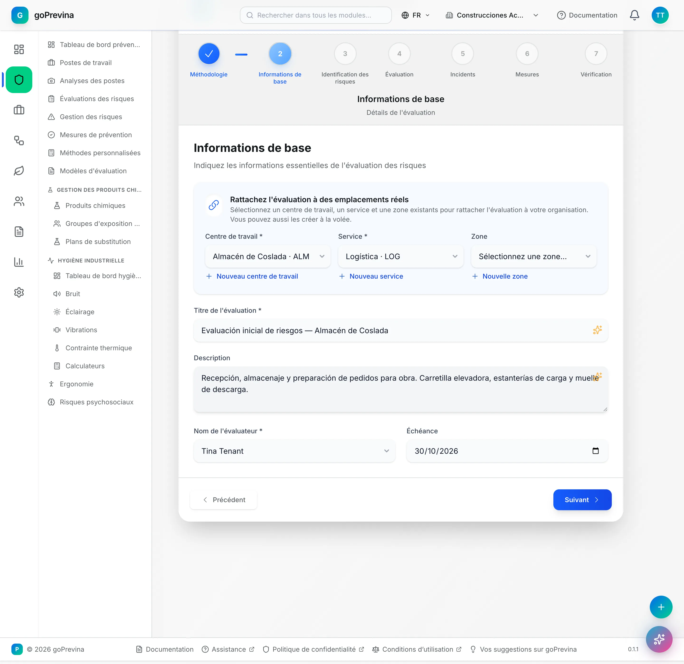 Étape Informations de base de l'assistant avec l'entrepôt de Coslada