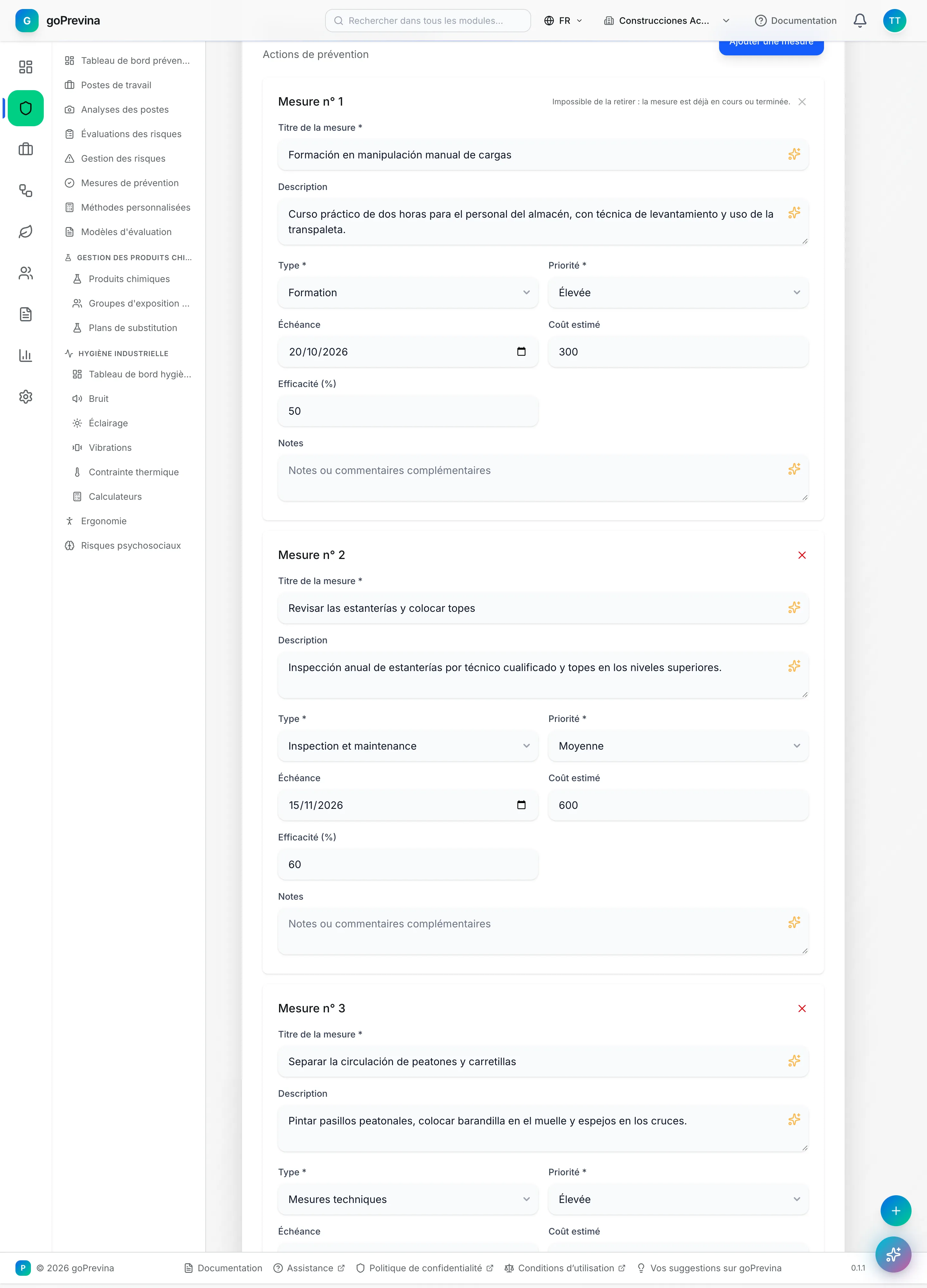 Étape Mesures de l'assistant avec trois mesures de prévention