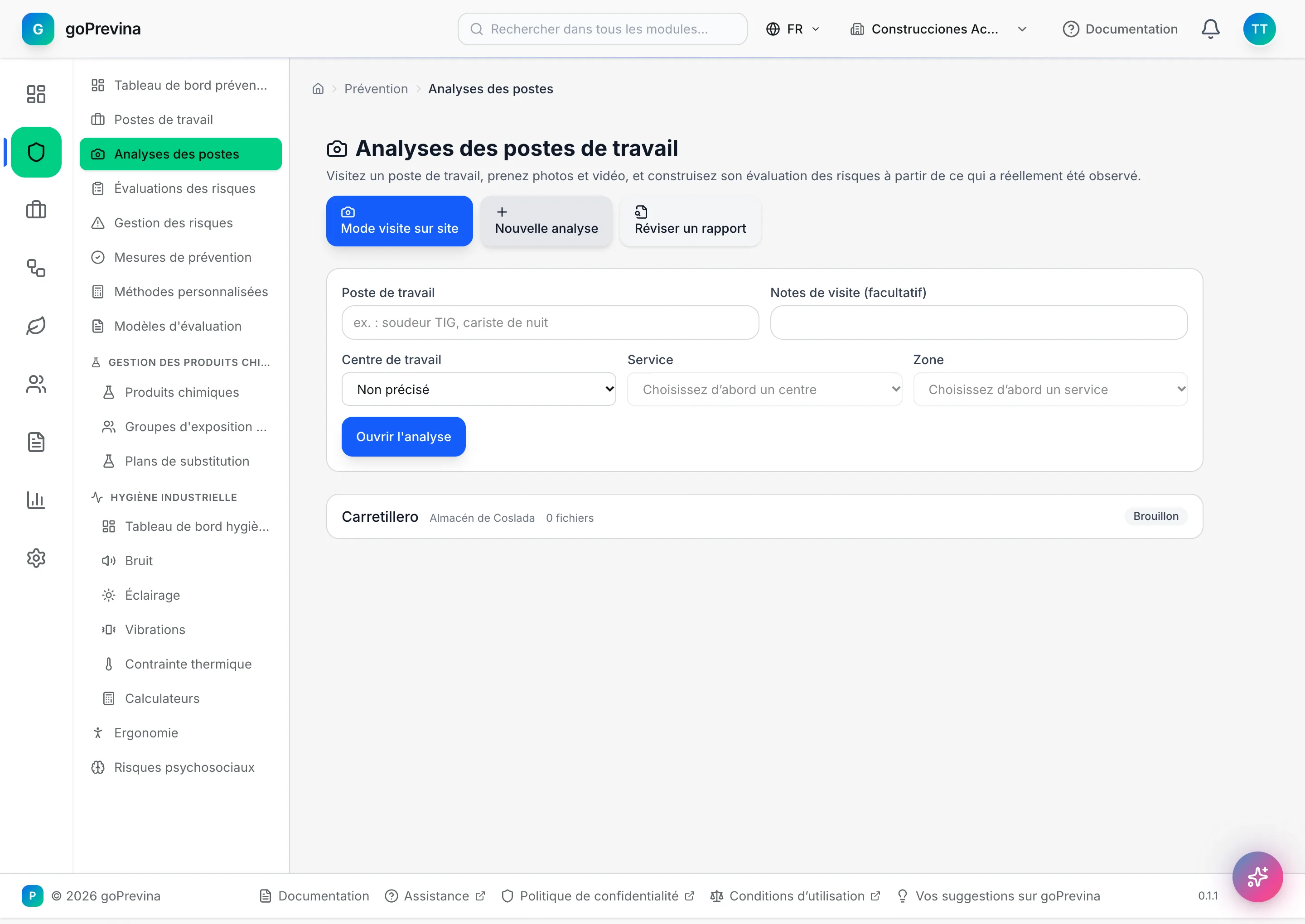 Formulaire Nouvelle analyse pour le poste de cariste