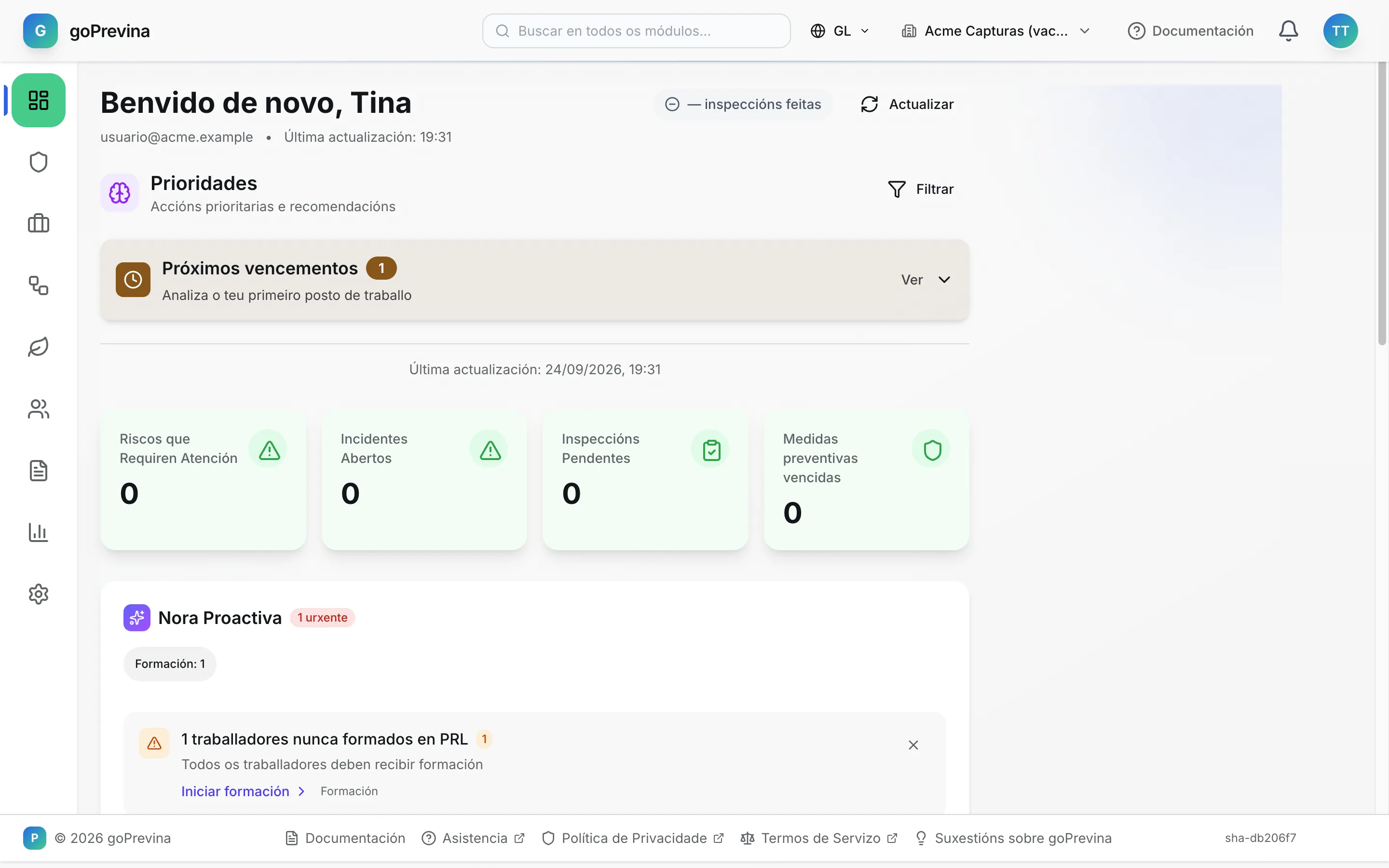 Panel de control dunha empresa recén creada