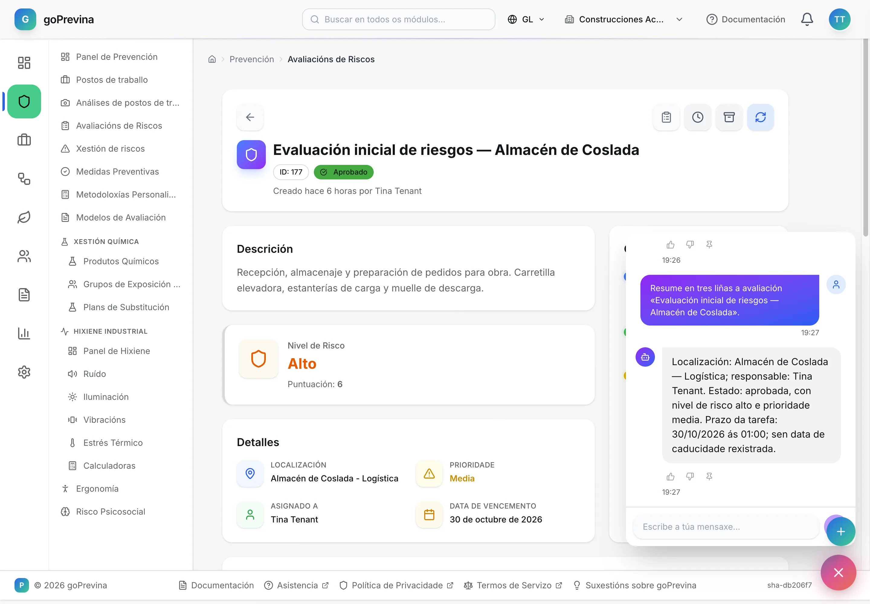 Nora resume unha avaliación de riscos no panel de chat