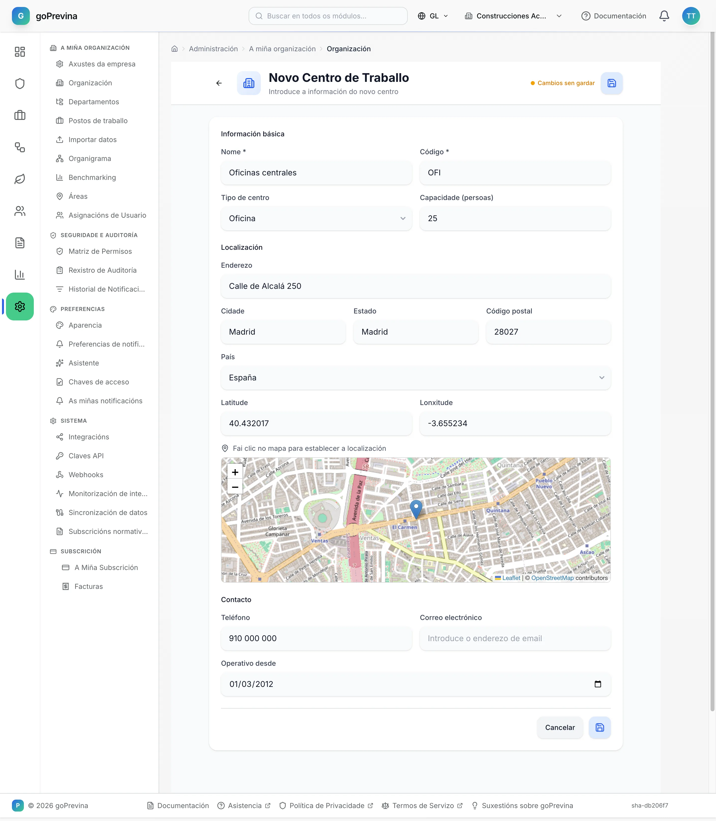 Formulario Novo Centro de Traballo cos datos de Oficinas centrales