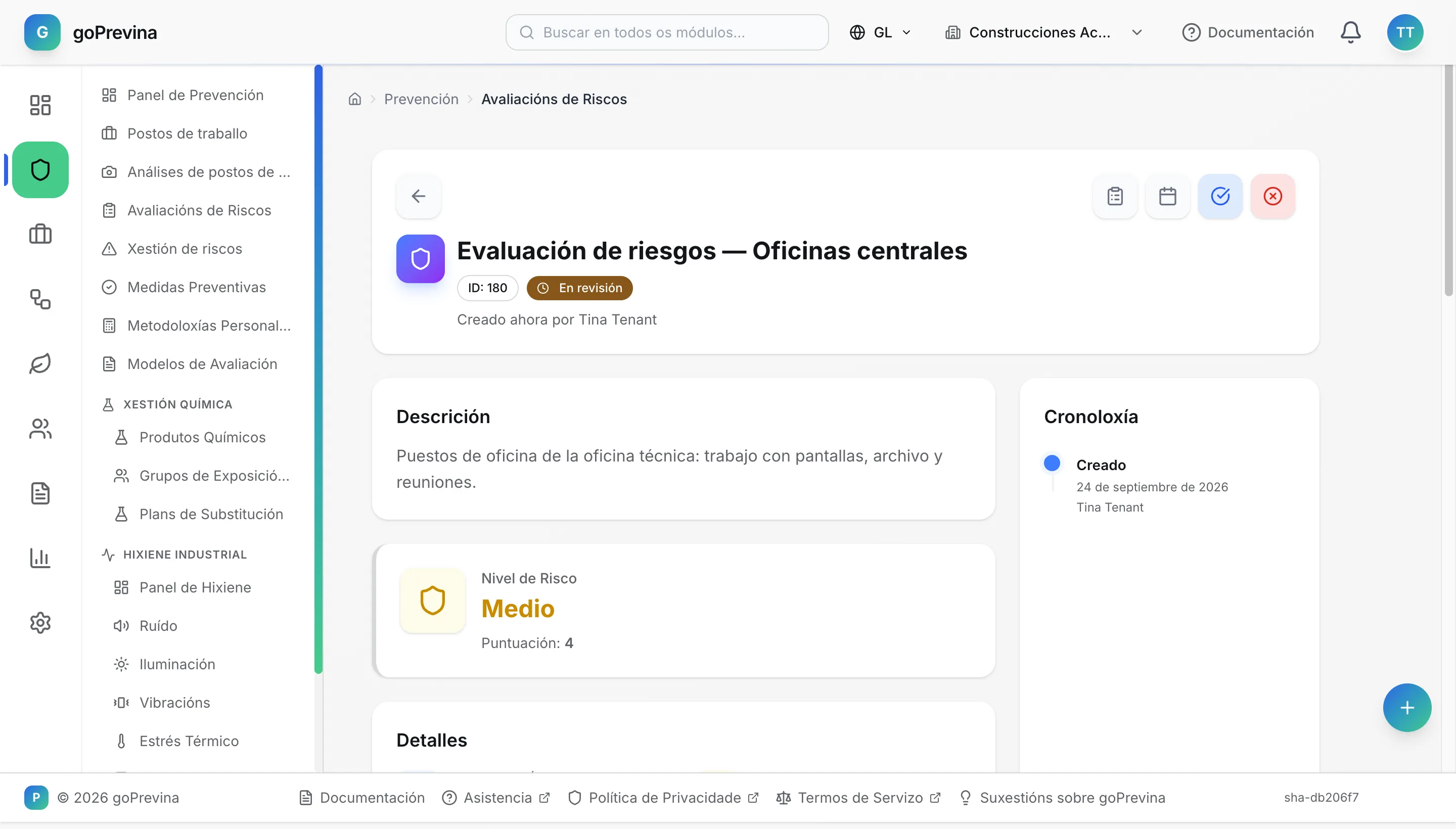 Avaliación das oficinas centrais en revisión, cos botóns Aprobar e Rexeitar
