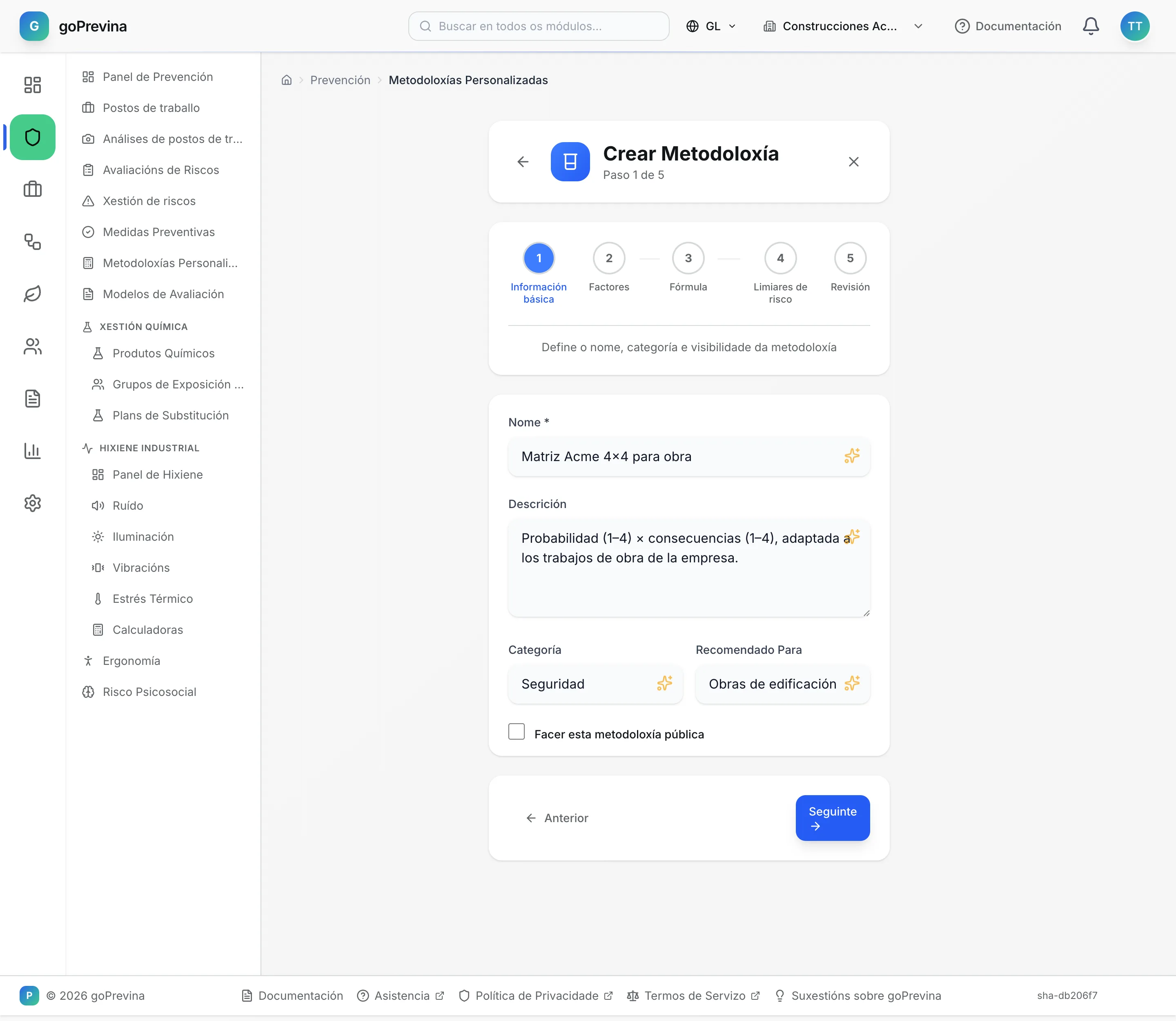 Primeiro paso do formulario de metodoloxía personalizada con Matriz Acme 4×4 para obra