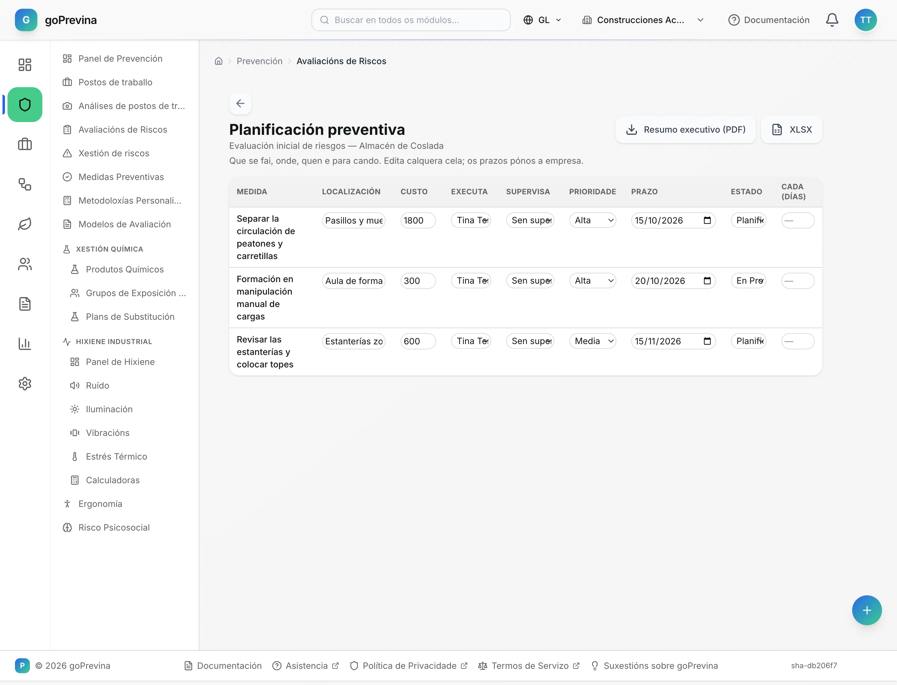 Planificación preventiva do almacén con tres medidas